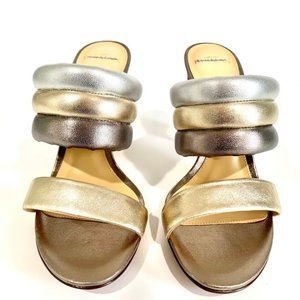 Alexandre Birman Leather Heel Sandals Gold & Silver, chunky sandal